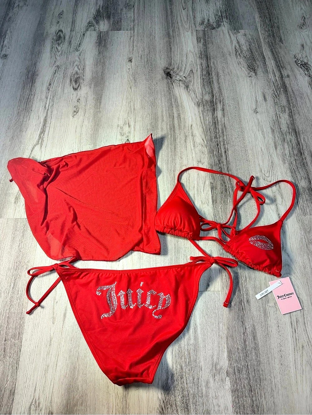 Juicy Couture 3-Piece Rhinestone Lip Bikini and Sarong Set Red